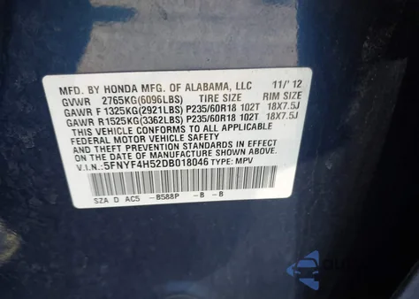 2013 Honda Pilot Ex-L из США, поврежденный, VIN 5FNYF4H52DB018046